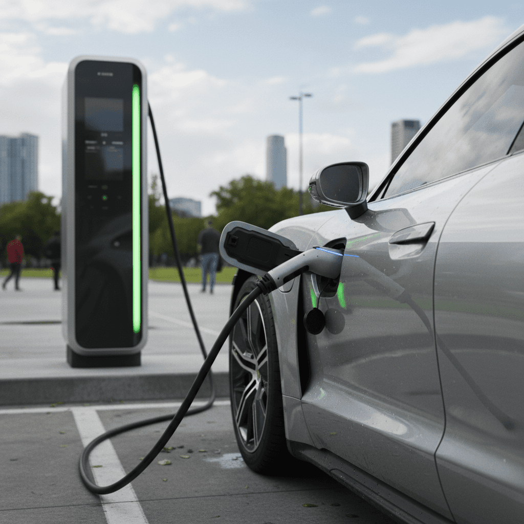 2021 Porsche Taycan plugged into a DC fast charger during a highway range test