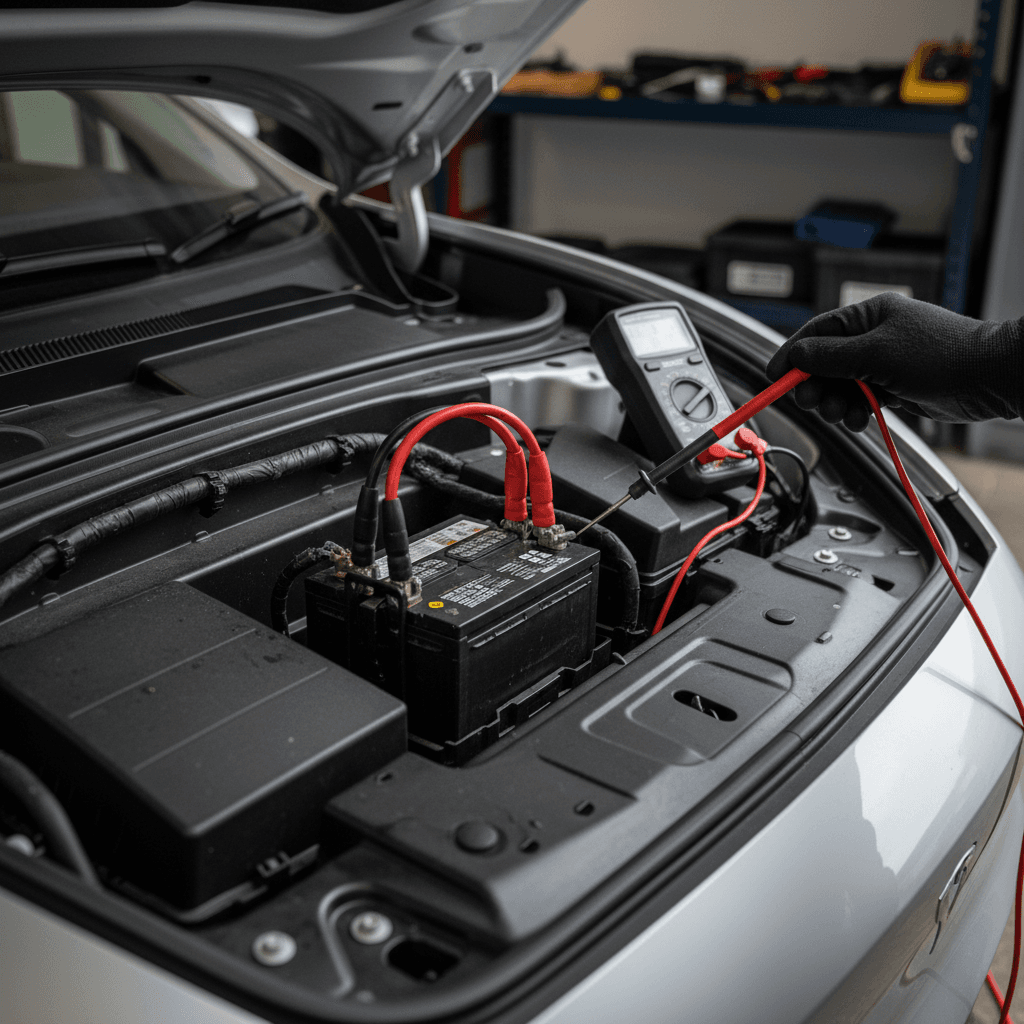 Technician testing an EV 12-volt battery in the front trunk with a digital multimeter