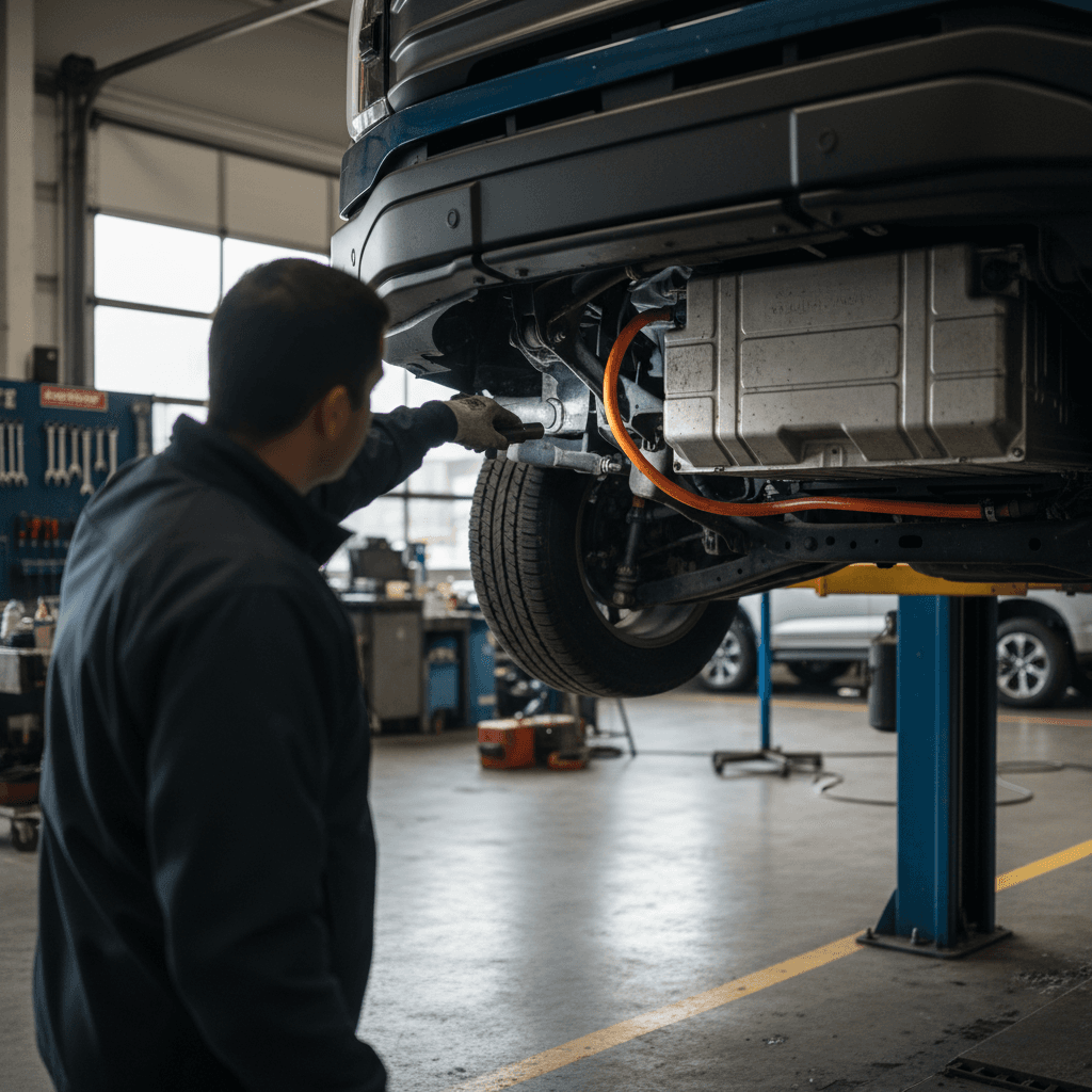 Technician inspecting the front suspension and steering components of a Ford F-150 Lightning on a service lift