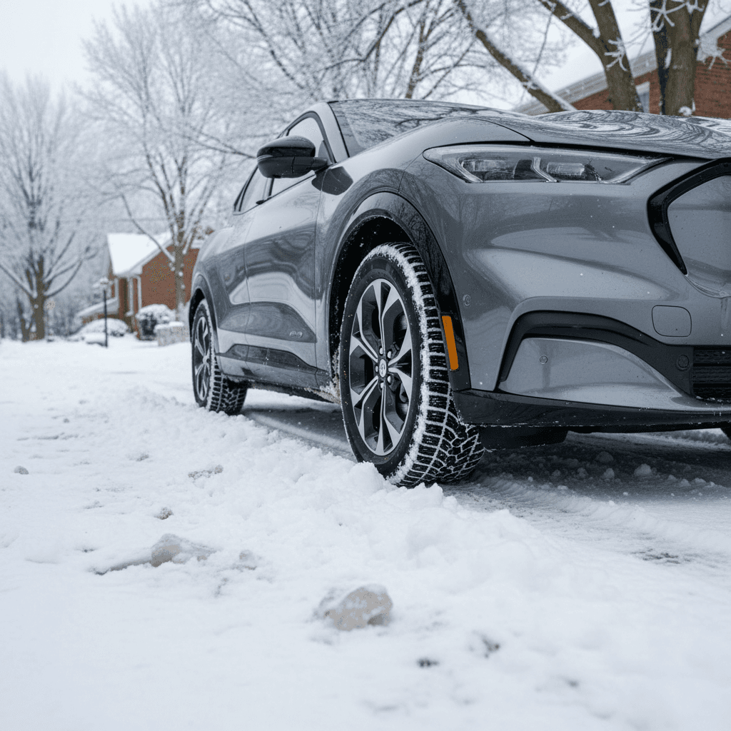 Ford Mustang Mach-E parked on a snow-covered residential street, showing tire tracks and modest ground clearance