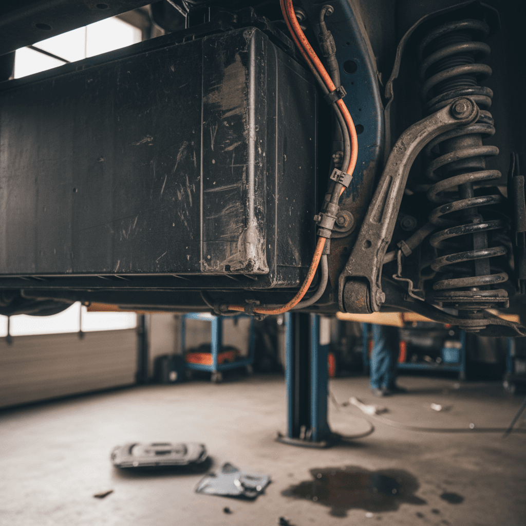 Mechanic inspecting the underside and battery pack area of a used electric vehicle on a lift