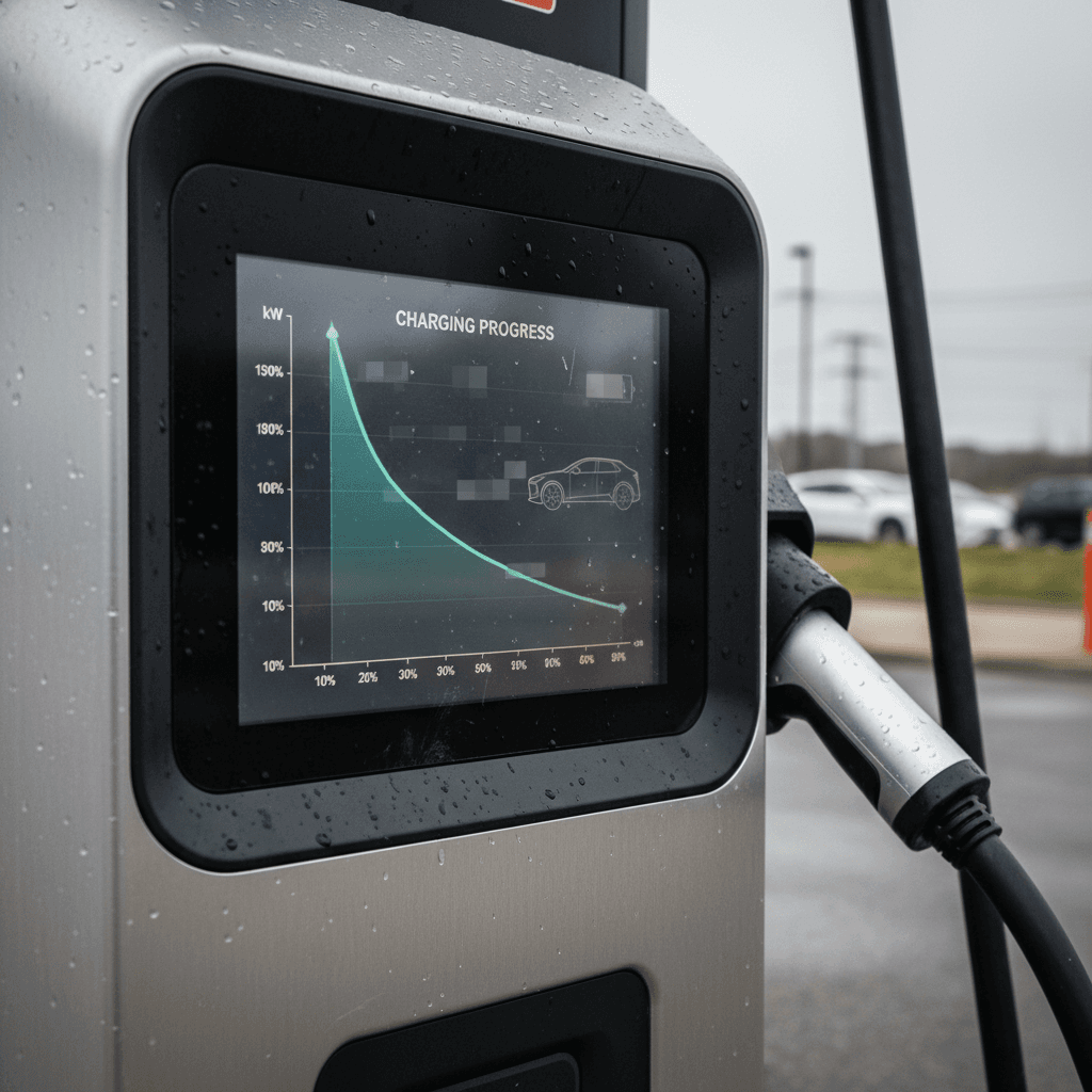 DC fast charger screen showing Mazda MX-30 charging at around 48 kW and 55% state of charge