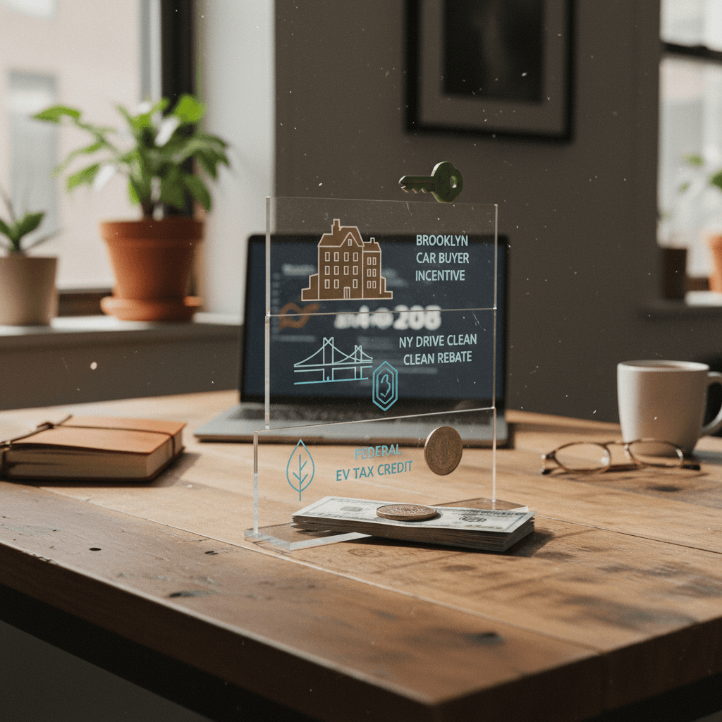 Flow chart illustrating how a Brooklyn EV buyer combines federal, state, and utility rebates to lower net vehicle cost
