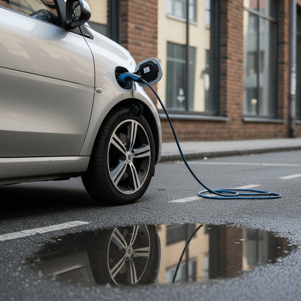 Smart Fortwo electric car parked and charging at a curbside station in the city