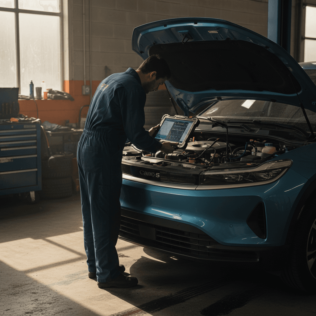 Technician using a diagnostic tablet to inspect a used Fisker Ocean electric SUV in a repair bay