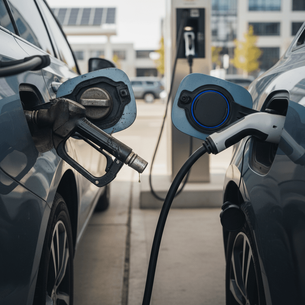 Busy gas station with cars refueling quickly at multiple pumps