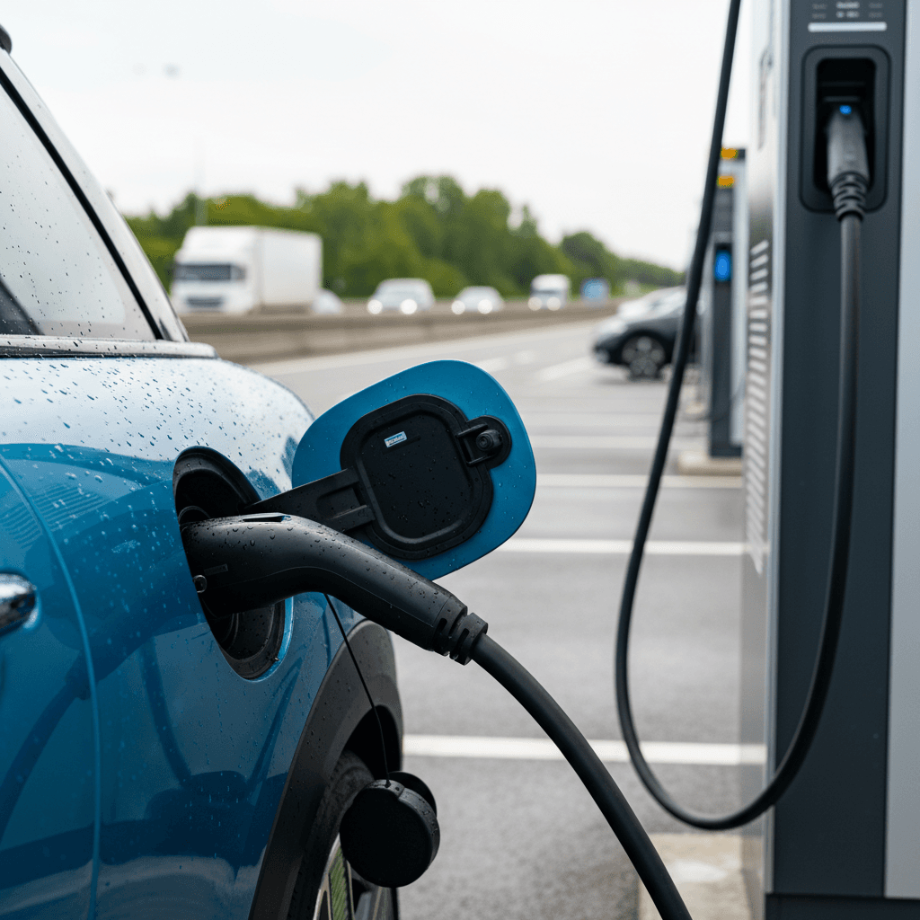 Mini Cooper SE electric charging at a highway fast-charging station on a road trip