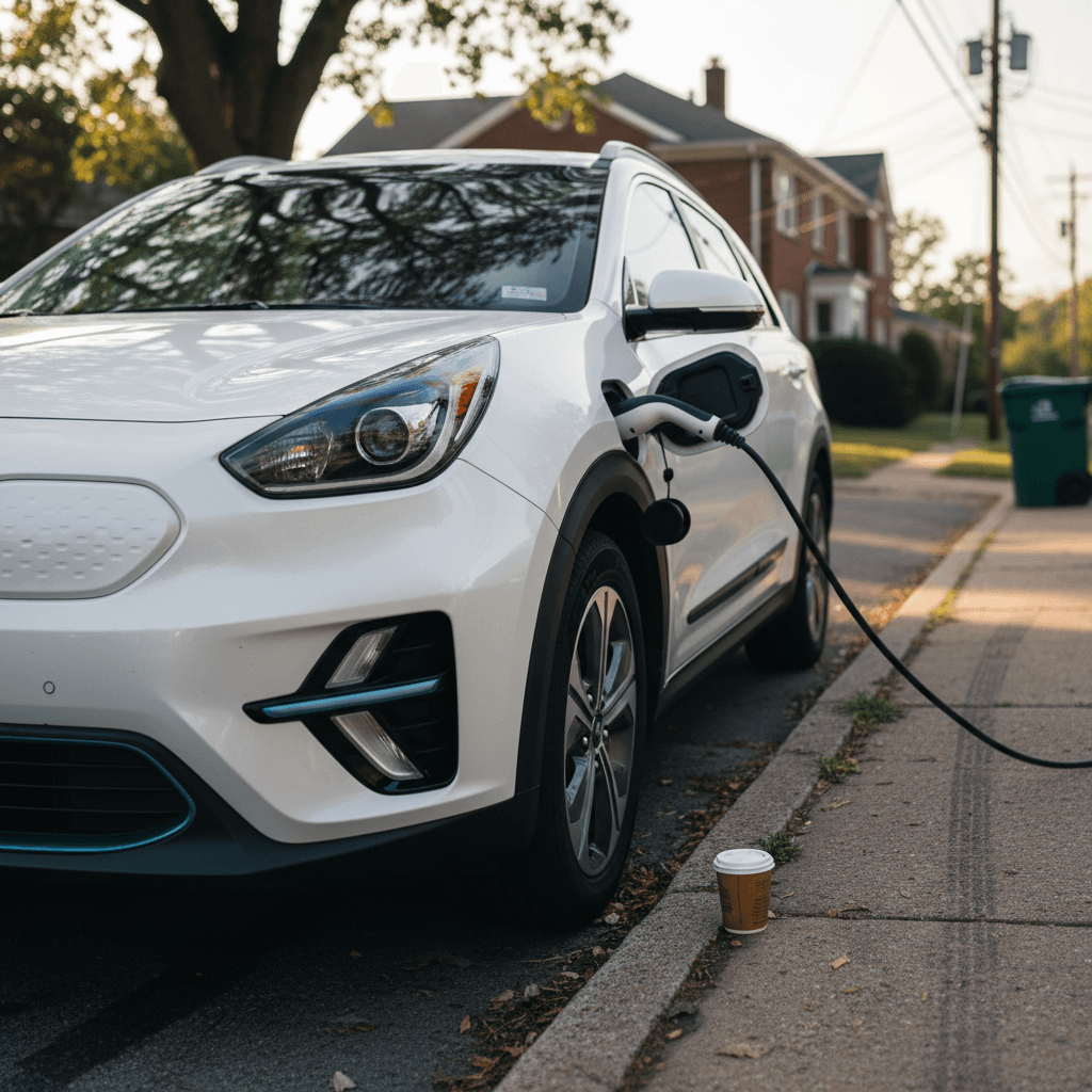 Insurance representative sitting with a Chevy Bolt EV owner reviewing coverage options and premiums