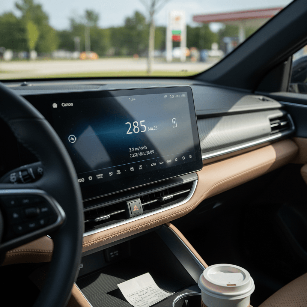 Electric car dashboard screen showing energy efficiency and driving range