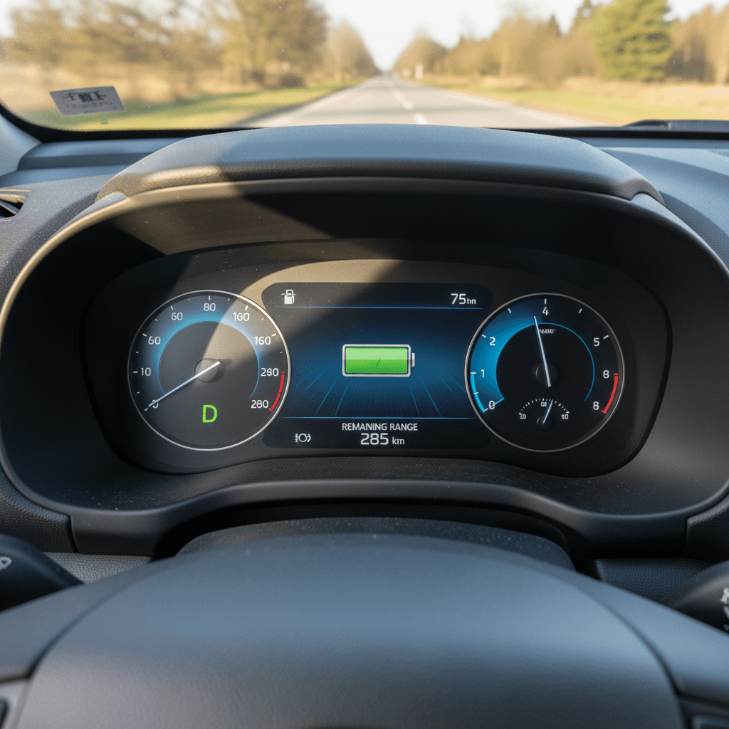 2019 Hyundai Kona Electric instrument cluster showing remaining range and battery state of charge while driving