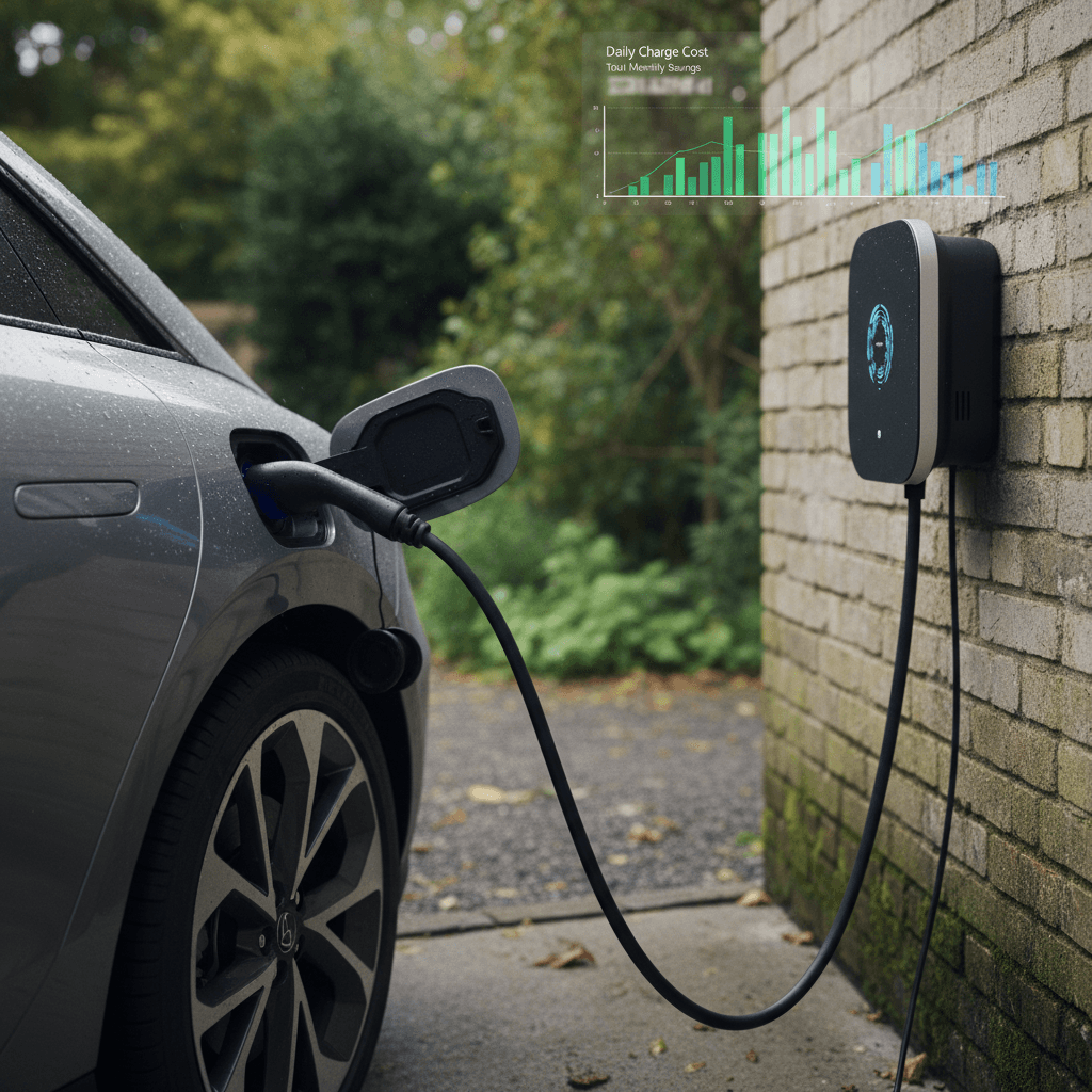 Owner charging a Rivian R1T pickup at a home Level 2 charger in a modern driveway
