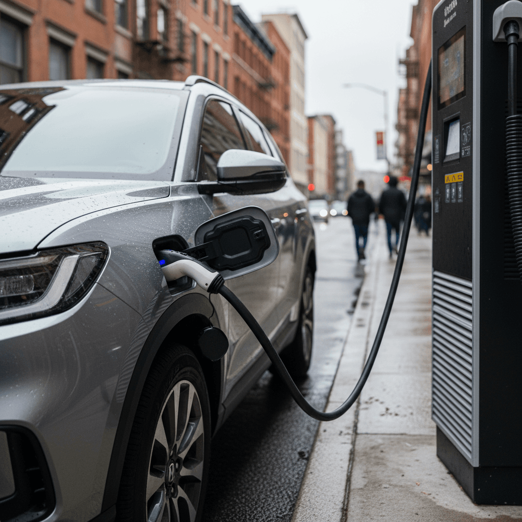 2026 Honda Prologue charging at a public DC fast charger in a city parking lot
