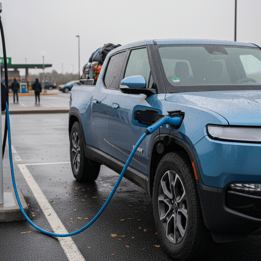 Rivian R1T electric pickup truck plugged into a DC fast charger at a highway station during a road trip