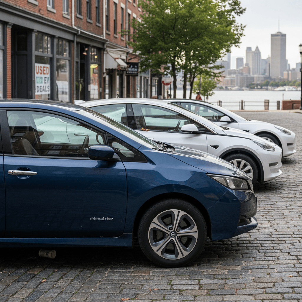 Compact used electric cars parked closely along a residential Hoboken street near the waterfront