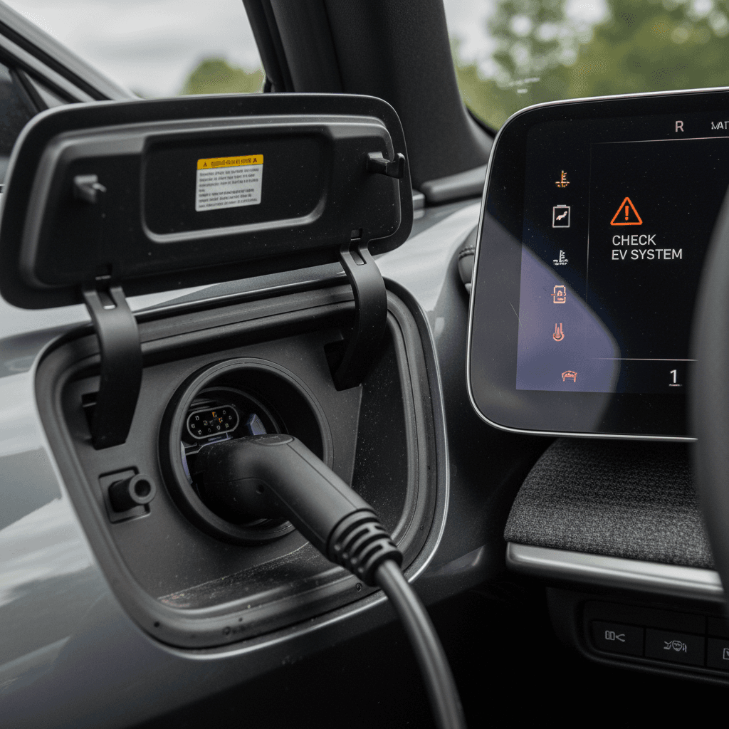 Driver-side view of a Lucid Air charging, with warnings displayed on the dashboard screen