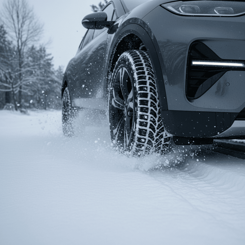 Electric SUV with winter tires driving through deep snow on a mountain road