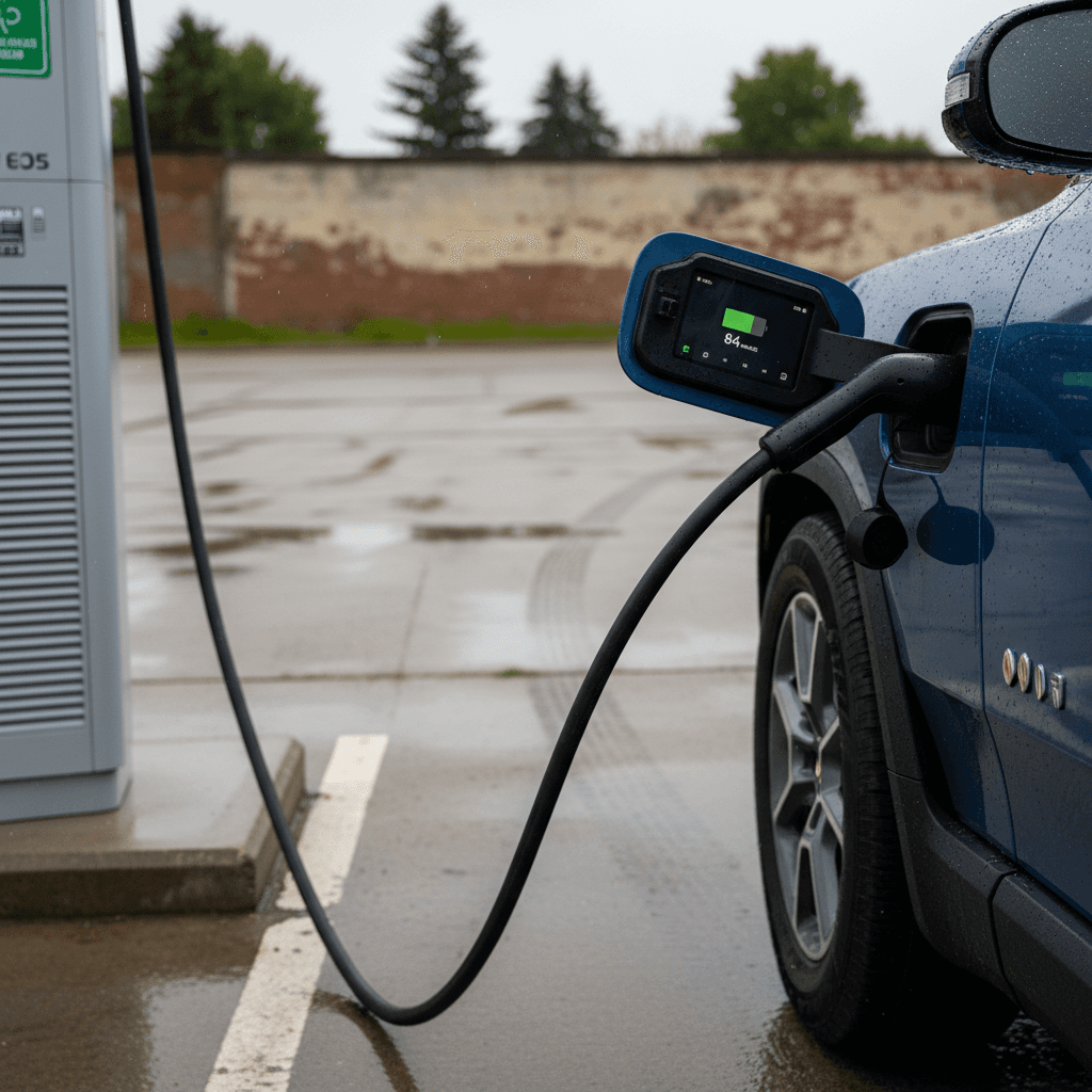 Rivian R1S plugged into a DC fast charger showing state-of-charge and estimated remaining miles on the center display
