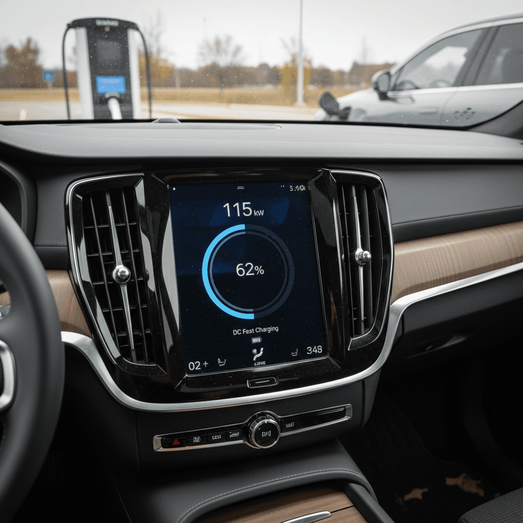 Infotainment screen in a Volvo EX90 showing a DC fast-charging session with power output and remaining time displayed
