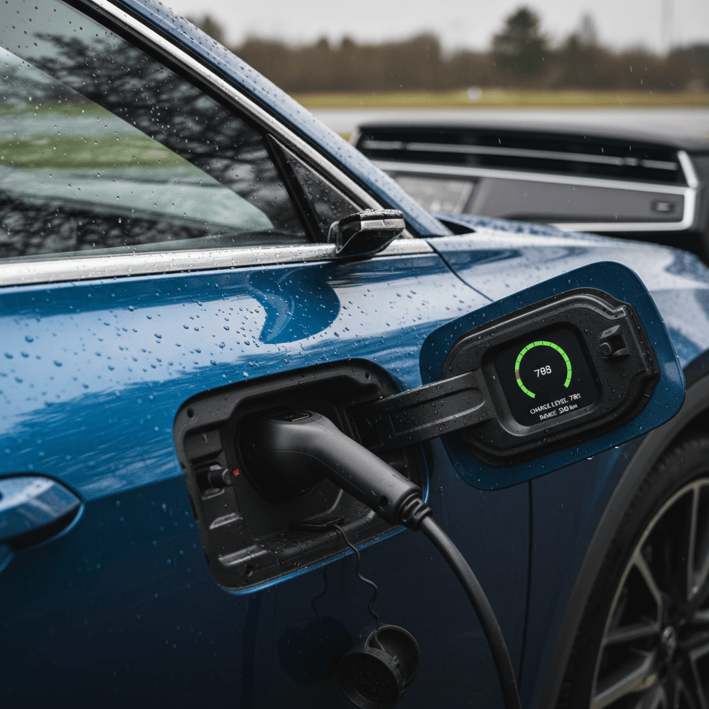 Audi Q8 e-tron plugged into a DC fast charger with digital dash showing battery state of charge and estimated range