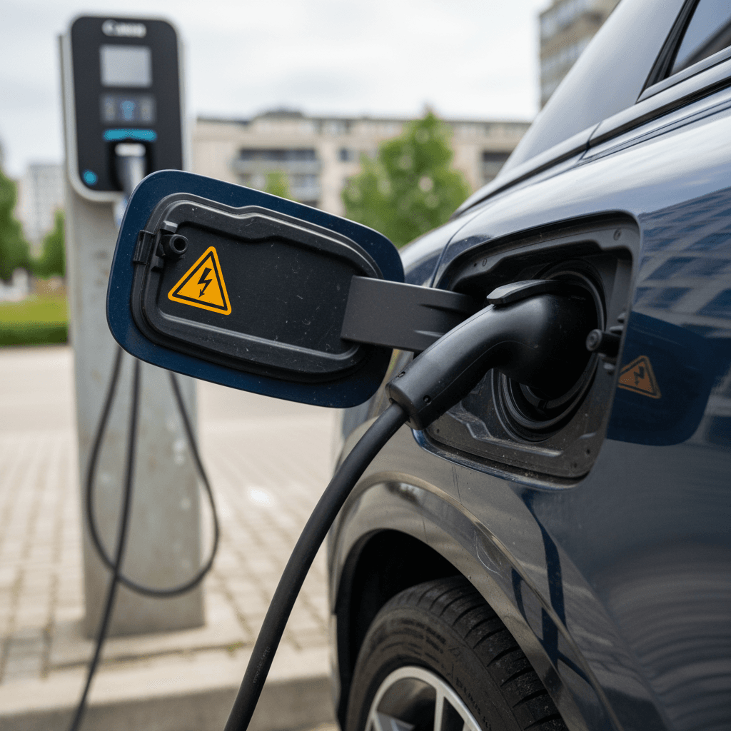 Close-up of a Volvo EX90 charging port and cable connected at a fast-charging station, highlighting the high-voltage battery system