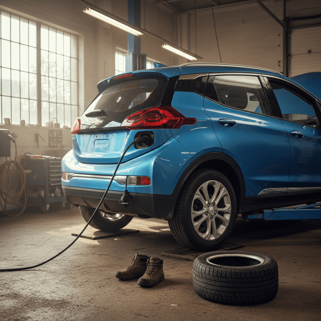 Technician rotating the tire on an electric car on a lift
