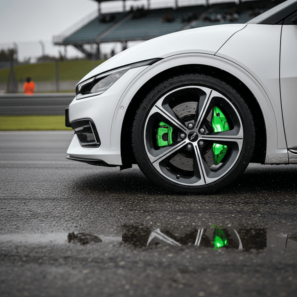Kia EV6 GT carving through a corner on a racetrack, with visible body roll control and glowing green brake calipers