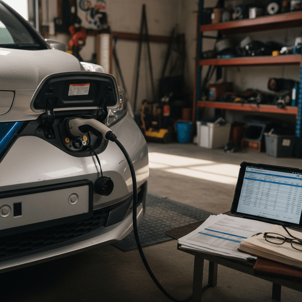 Row of used electric cars parked at a dealership, illustrating price variety in the used EV market.
