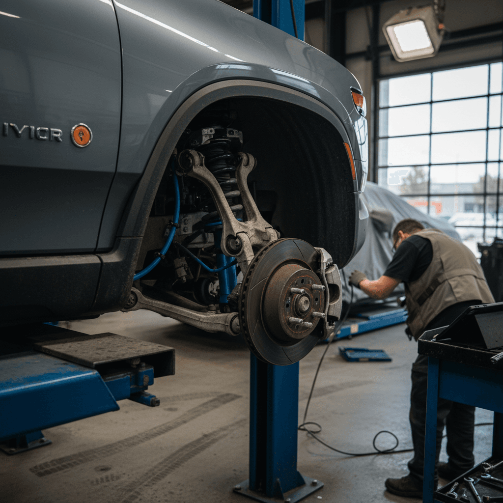 Technician inspecting the front suspension and wheel area of a Rivian R1S on a lift