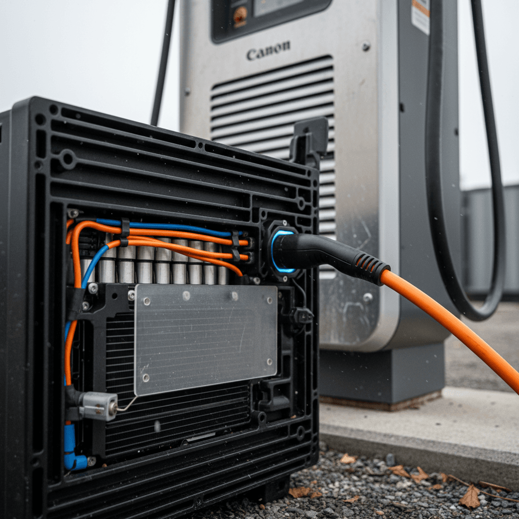 Diagram-style view of an EV battery pack being cooled while plugged into a DC fast charger, illustrating heat and current flow