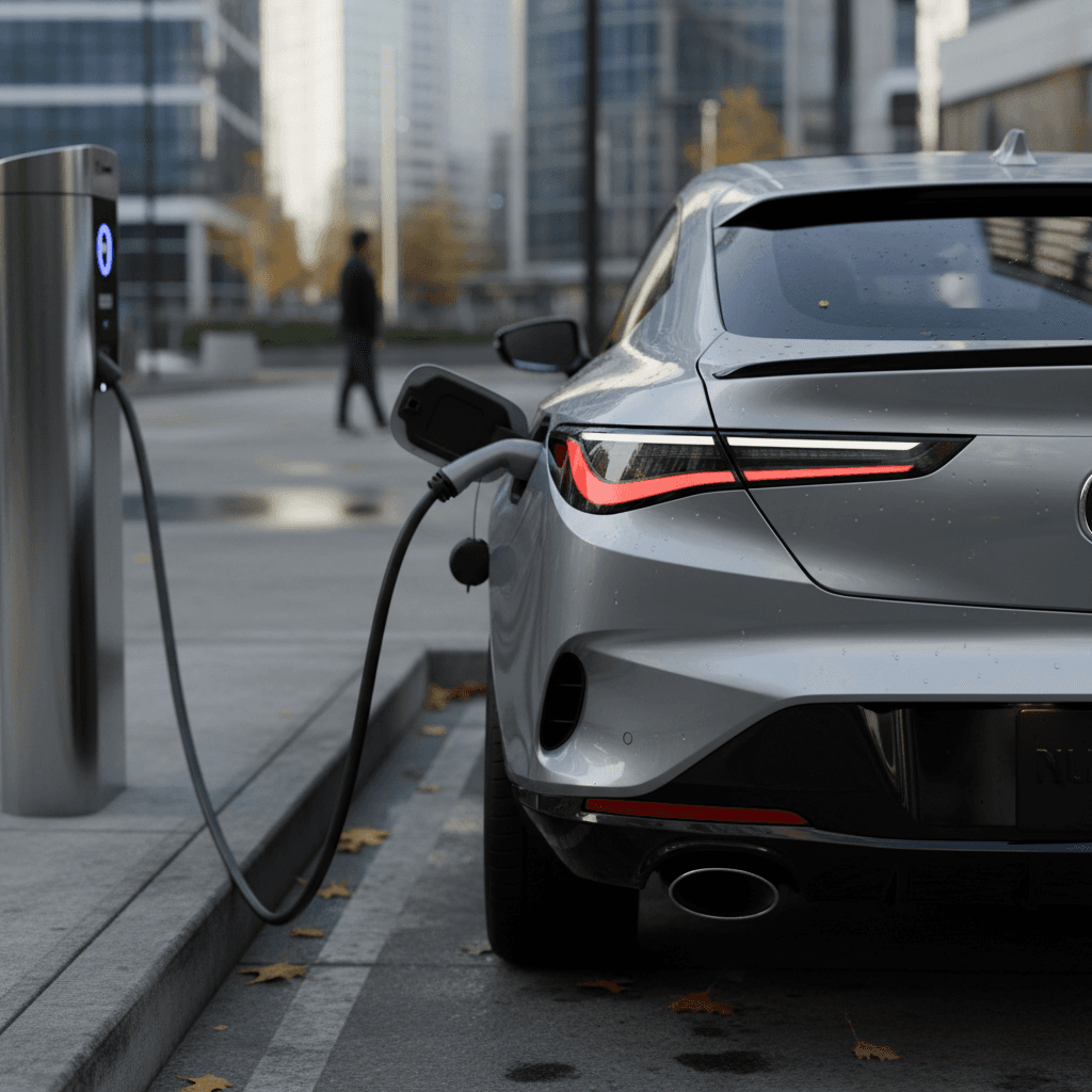 2026 Acura RSX electric SUV plugged into a DC fast charger showing coupe-like roofline and modern lighting