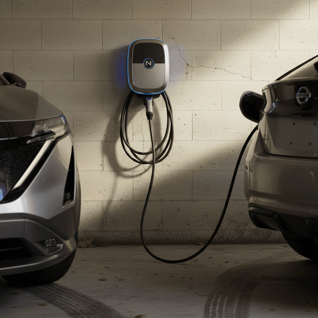 Wall-mounted Level 2 EV charger installed in a modern home garage