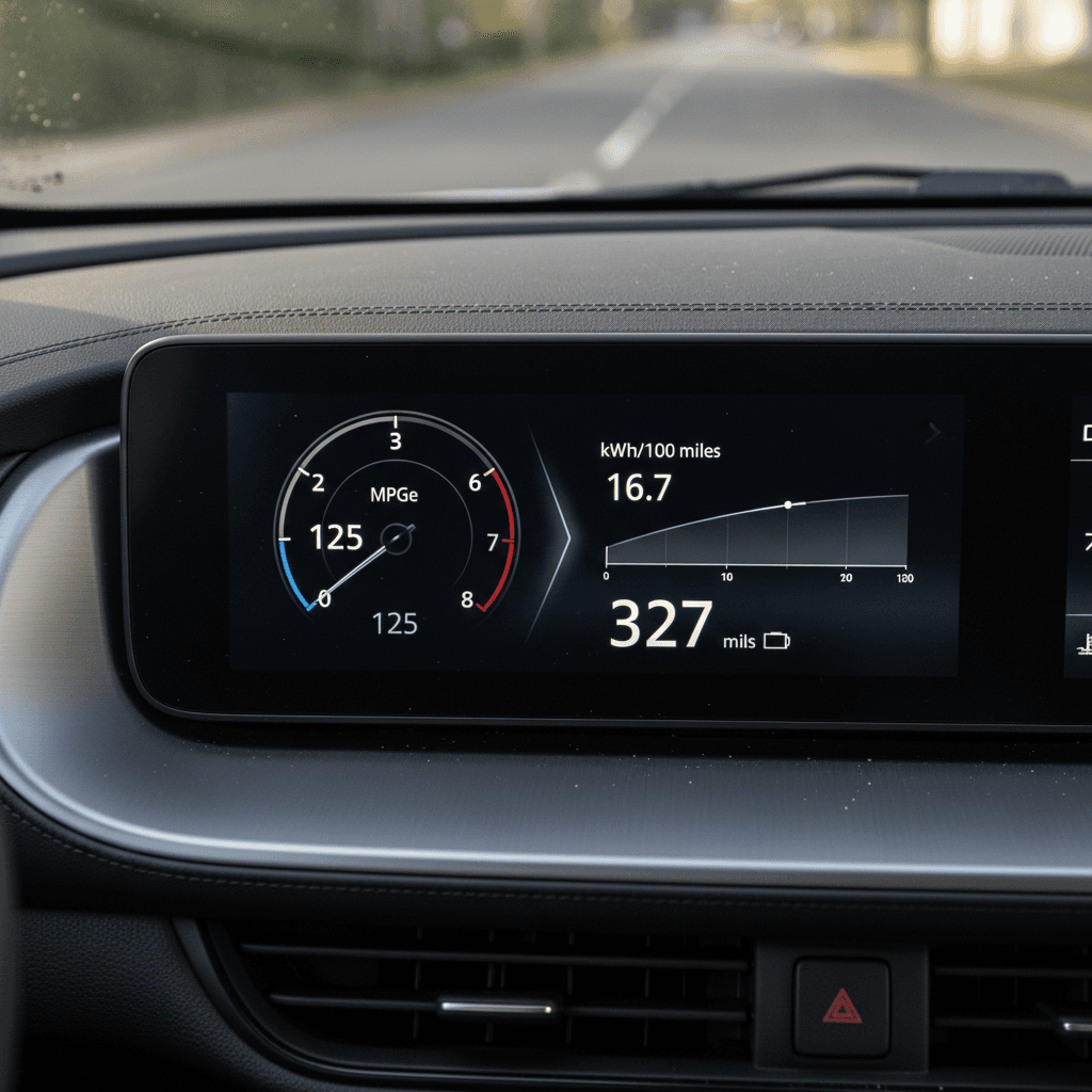 Electric car dashboard showing energy consumption and remaining range