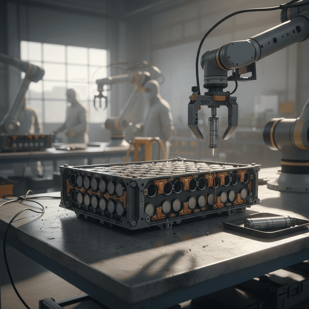 Underfloor electric vehicle battery pack showing modules and cooling channels