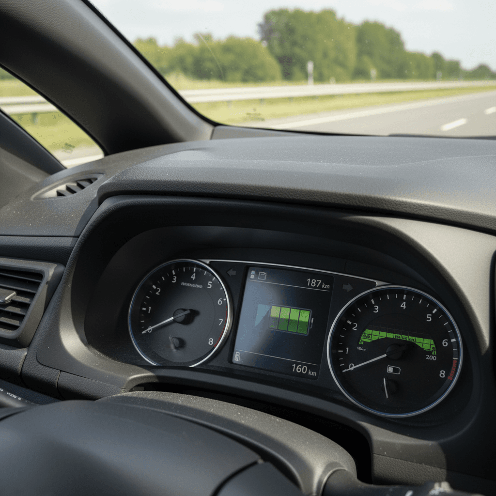 Driver view of a 2021 Nissan Leaf instrument cluster showing battery charge and estimated remaining range during a drive
