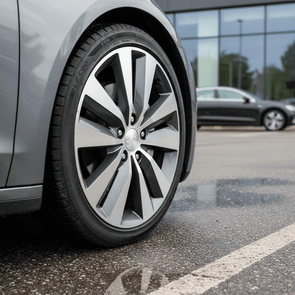 Close-up of an electric car’s aerodynamic wheel and low rolling resistance tire