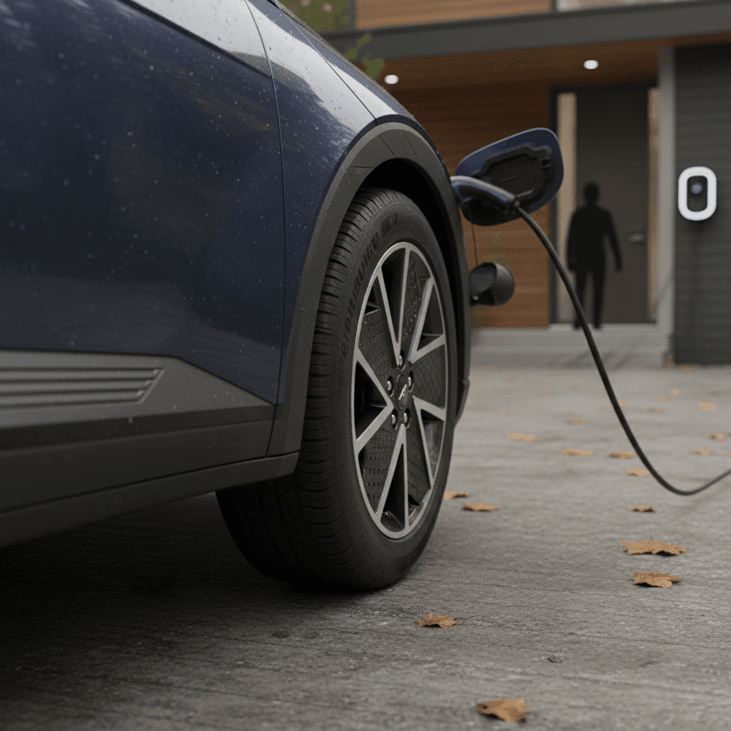 Closeup of an electric car wheel and tire parked in a driveway