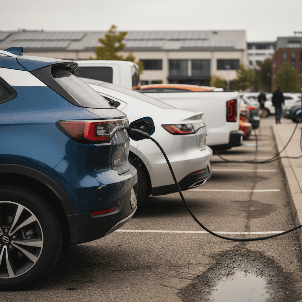 Row of modern electric cars parked side by side in a lot