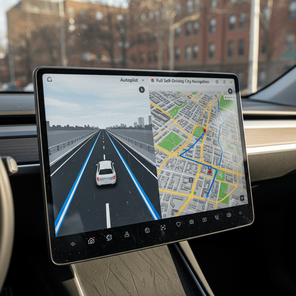 Side-by-side Tesla dashboards, one showing simple Autopilot lane-keeping and the other showing complex city-street navigation with FSD