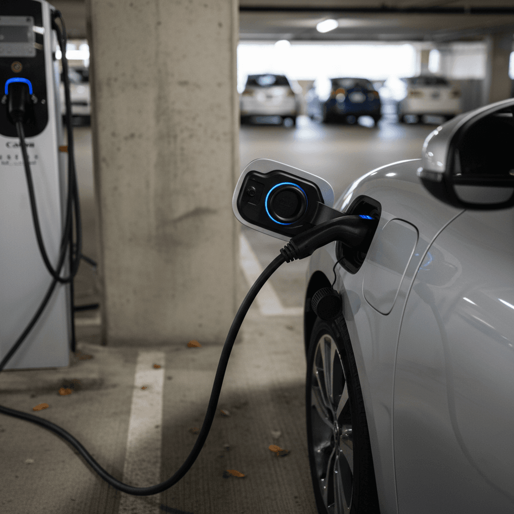 Electric vehicles plugged into Level 2 chargers inside a downtown Frederick parking garage