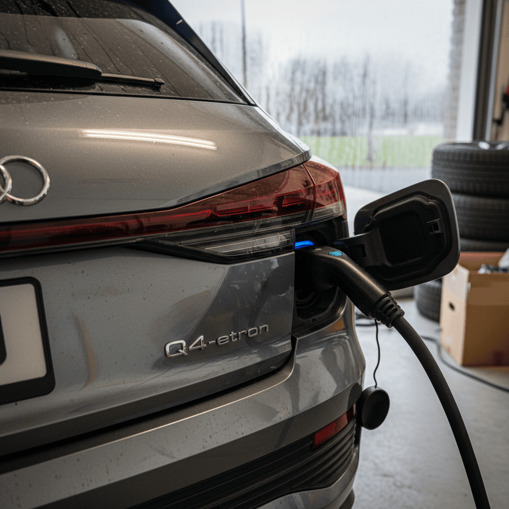 2023 Audi Q4 e-tron charging with close-up of rear badge and charging port
