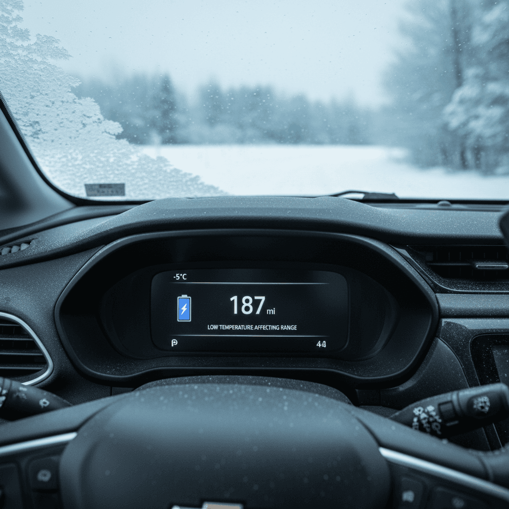 Chevy Bolt EUV dashboard showing a reduced estimated range on a cold day with snow outside