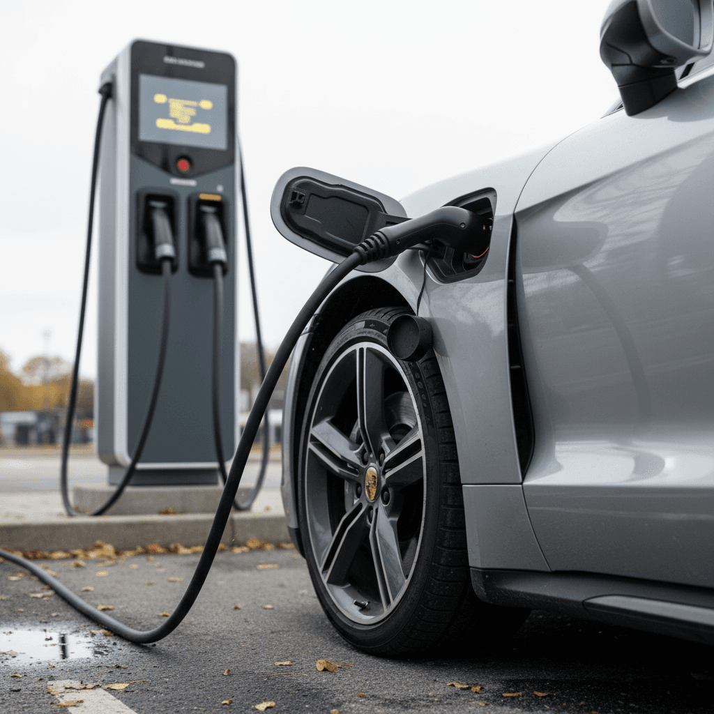 Close-up of a 2025 Porsche Taycan plugged into a fast charger, highlighting the charge port and front wheel