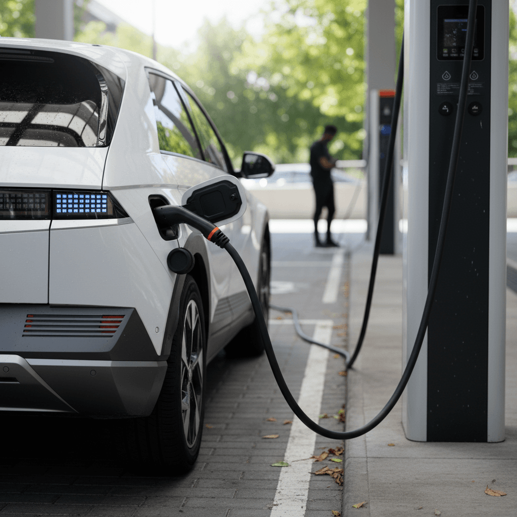2025 Volvo EX90 plugged into a high-power DC fast charger at a modern charging station, with charge status visible on screen