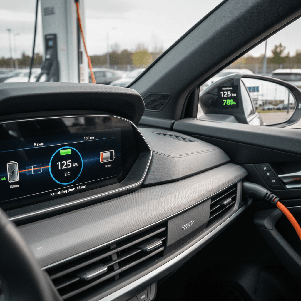 Audi Q4 e-tron charging with fast charger display showing DC power and state of charge