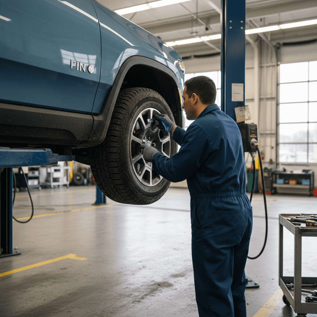 Technician inspecting the suspension and underbody of a used Rivian R1T on a lift