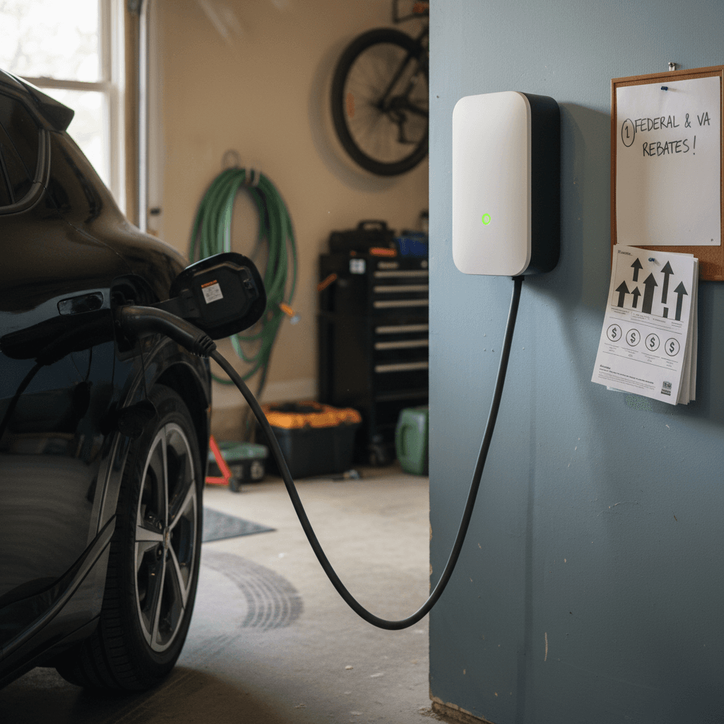 Electric vehicle plugged into a Level 2 wall charger in a Charlottesville home garage