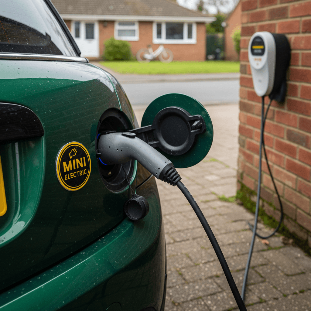 Mini Cooper SE charging at a home Level 2 charger in a suburban driveway