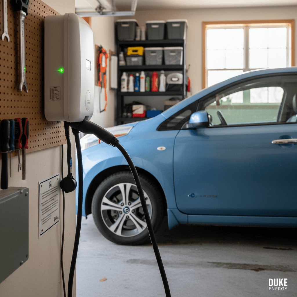 Used electric car charging on a Level 2 wall charger in a Charlotte, NC home garage.