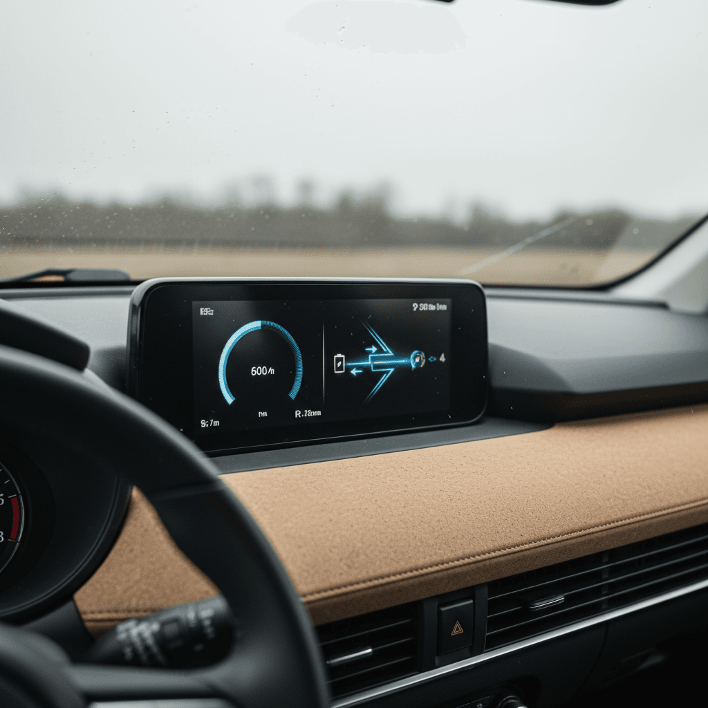 Mazda MX-30 digital cluster showing remaining driving range and battery state of charge