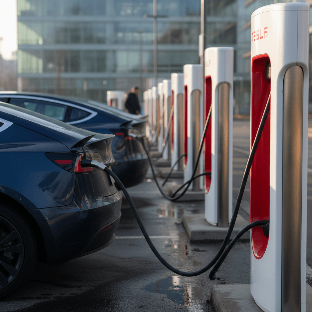 Row of Tesla vehicles parked at a Supercharger station